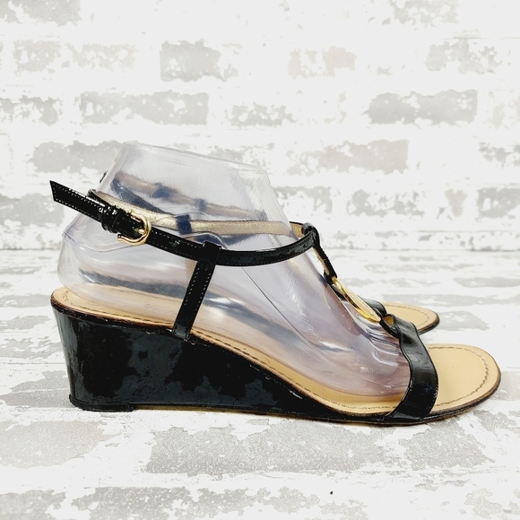 Juicy Couture Black Gold Platform Patent Leather Sandal Wedge Straps O347 - Picture 5 of 13